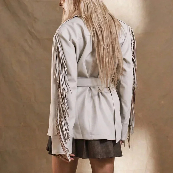 Beige Casual Women's Western Boho Fringe Woven Fabric Jacket - Picture 3 of 5